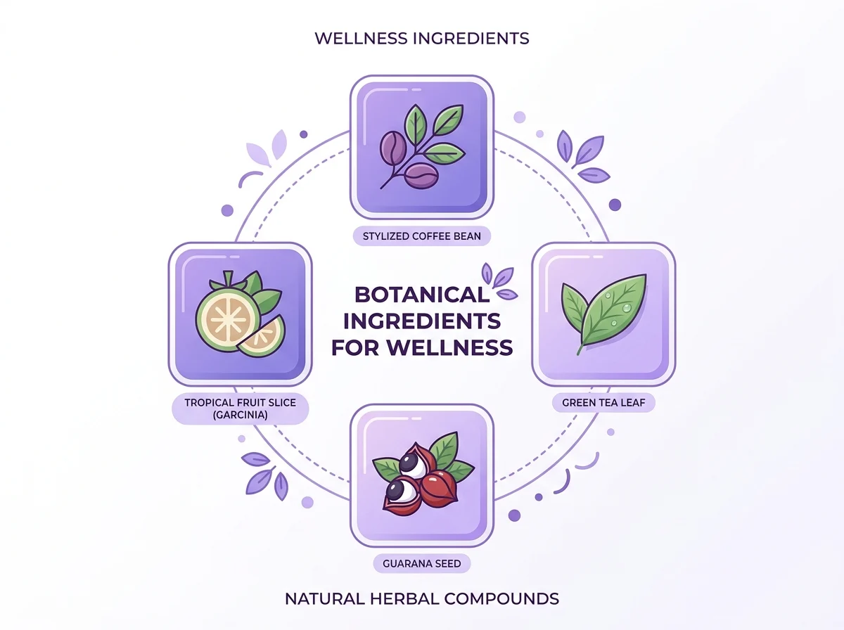 Infographic of four botanical supplement ingredients - coffee bean, green tea, guarana, tropical fruit